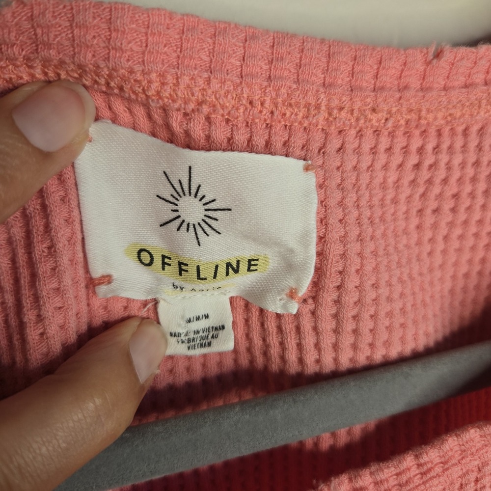 Aerie Offline M Medium Boxy Pink Waffle Knit Cropped Top Beachy - Picture 3 of 8